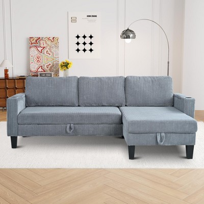 82.5"W Modern L-Shaped Sectional Sofa with Storage Chaise, Cup Holders and USB Ports, Corduroy Upholstered Fabric Sofa Couch - ModernLuxe