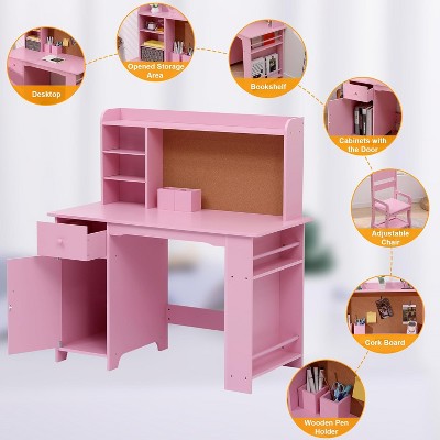 Kids Desk, Study Desk and Chair Set for Boys and Girl, Wooden Kids Writing Table with Bookshelf, Bulletin Board, Cabinet and Drawer