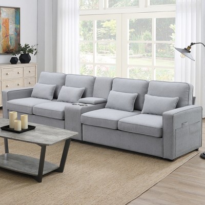 114.2" Modern Linen Upholstered Sofa with Console, 2 Cup Holders, 2 USB Ports, Wireless Charging and 4 Pillows - ModernLuxe