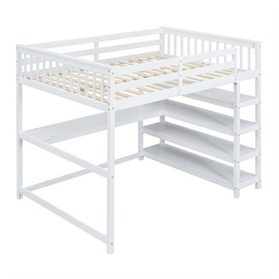 COWLOWN Full Size Loft Bed with Desk & Storage, Space Saving Study Workstation Under Bed, Solid Wood MDF Frame