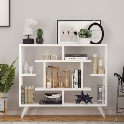 Yukimo Geometric Bookcase with Anti-Tipping Kit and Storage Shelving Unit, 35.5" x 8.5" x 29.5", Black & White