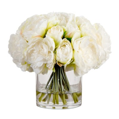 Nearly Natural Wedding Collection 11-in Artificial Peony Arrangement in Glass Vase