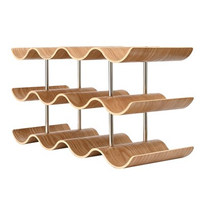 Itopfox Countertop Wine Rack - 12 Bottle Freestanding Wine Holder Stand - 3 Tier Wooden Storage - Wavy Organizer for Cabinet Pantry Kitchen Bar