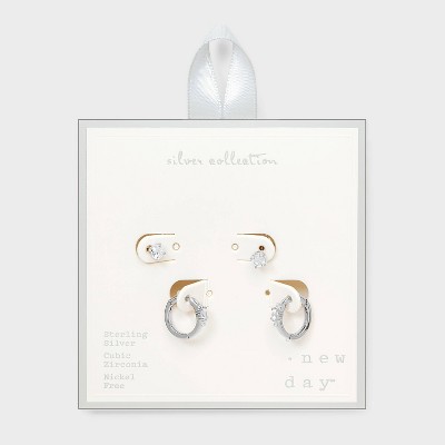 Sterling Silver CZ Hoop and CZ Stud Earrings 2pc - A New Day™ Silver: Hypoallergenic Jewelry Set
