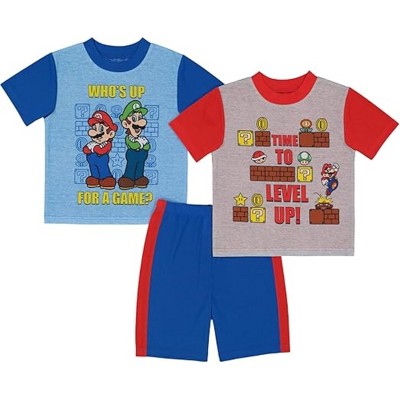 Super Mario Little Boys' Short Sleeve 3-Piece Pajama Set, Blue/Red Multi, 4