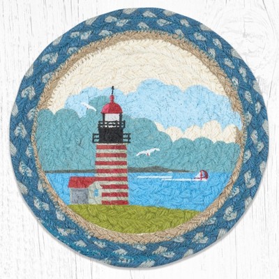 Earth Rugs Round Trivet – 10"x10" Quoddy Lighthouse Printed Braided Jute Mat in Nautical Coastal New England Style