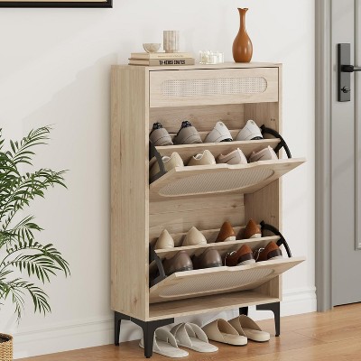 Rattan Shoe Cabinet w/ 3 Drawers, Adjustable Shelf, Narrow Entryway Storage for Porch/Hallway