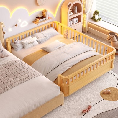KTMBDW Montessori Toddler Floor Bed with Wood Slats for Girls and Boys, Bed Frame with Removable Safety Guardrails, White/Natural