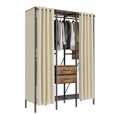 Artloge Heavy Duty Multi-Functional Large Closet Organizers Black Metal Clothing Garment Rack with 7 Shelves & 2 Drawers & 2 Dust Proof Curtain