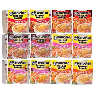 Maruchan 12 Count Ramen Instant Noodle Soup Cups 2 Chicken, 2 Shrimp, 2 Beef, 2 Hot & Spicy Chicken, 2 Hot & Spicy Shrimp & 2 Lime Chili Shrimp Flavor