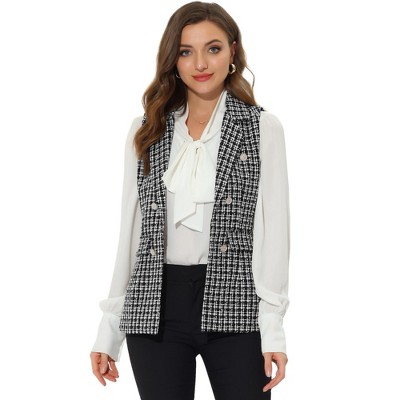 Allegra K Women's Vintage Tweed Open Front Plaid Sleeveless Office Blazer Vest