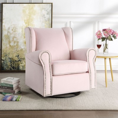 Fabric Glider Chair with Swivel, Plush Foam-Filled Accent Chair with Nail-Head Trim