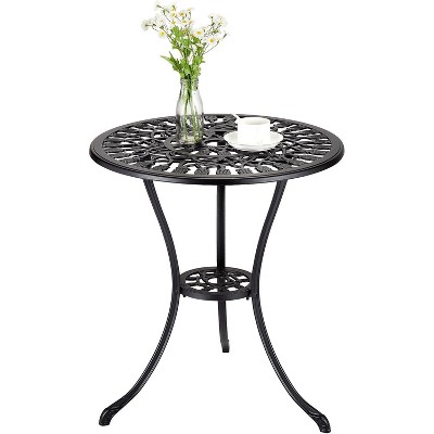23.6" Round Cast Aluminum Patio Bistro Table, Outdoor Coffee Bistro Side Table with Umbrella Hole, Antique Design Dining Desk, Black