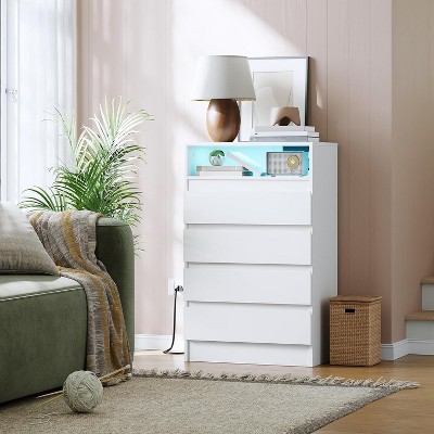 4 Drawer Dresser, White LED Dresser with Charging Station, Anchors to Wall, 6-Color Adjustable Light Strip, Suitable for Bedroom, Living Room