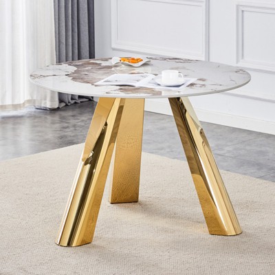FONTOI 42"Round End Table with Metal Legs, Side Table with Marble Top for Living Room Bedroom Office, Gold&White, 42"*29.5"*42"