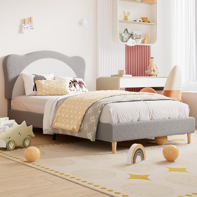 Twin/Full Upholstered Bed Frame with Adjustable Scallop Headboard, Velvet Princess Platform Bed, Solid Wood Slats, No Box Spring Needed