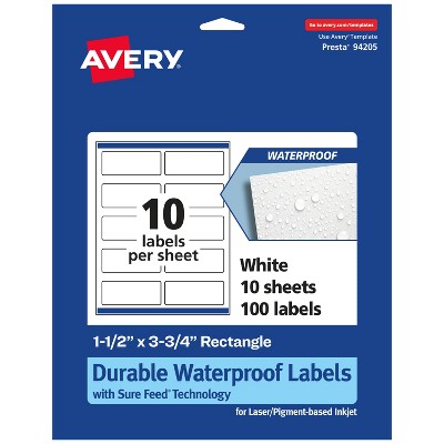 Avery Durable Waterproof Rectangle Labels with Sure Feed, 1.5" x 3.75"