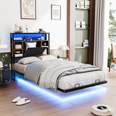 Karl Home Floating Bed Frame Twin Size with Storage Headboard, Metal Platform Bed with LED and Charging Station for Bedroom, Black