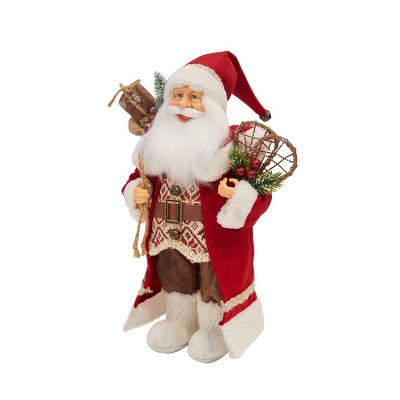 Season's Designs 16" Red Standing Santa Figurine with Snowshoes & Sack Christmas Decor for Indoor Use, Perfect for Mantel or Tabletop Plastic, No