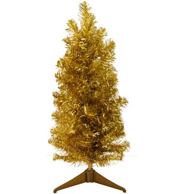Perfect Holiday 2' Gold Tabletop Pencil Tree with Plastic Stand, 93 Tips, Dia 12"