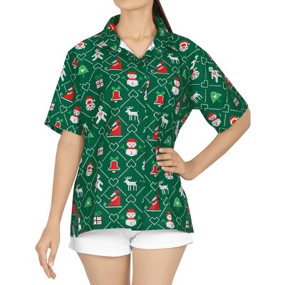 HAPPY BAY Women's Christmas Tree Vacation Holiday Party Short Sleeve Hawaiian Santa Claus Blouse Top Beach Gifts Shirt for Women