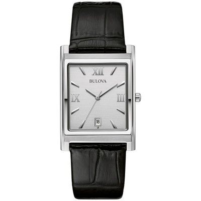 Bulova Men's Stainless Steel 3-Hand Calendar Date Quartz Watch with Black Leather Strap, Rectangle Dial