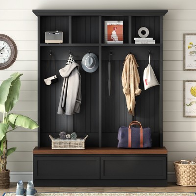 Akoasm 75.6 in. H 4-in-1 Entryway Coat Rack with Wood Grain Bench and 2 Large Drawer For Living Room and Hallway-Black