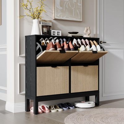 GustoWave Fluted Shoe Storage Cabinet with 4 Flip Drawers, Narrow Wooden Shoe Organizer with Metal Legs, Modern Farmhouse Hidden Shoe Rack