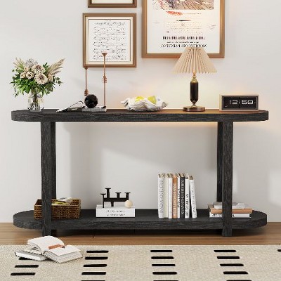 PAGED Minimalist Oval Top Console Table with Bottom Shelf, Entryway Table with Streamlined Desktop Design, Modern Sofa Table for Hallway