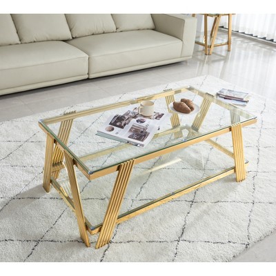47" Rectangle Stainless Steel Coffee Table with Double-Layer Glass Top and Industrial Style