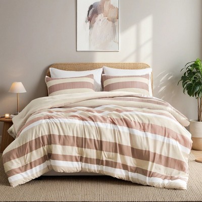 3Pcs Stripe Print Comforter Sets, Contemporary Style Lightweight Fluffy Bedding, Premium Textile Bed Set with Matching Shams
