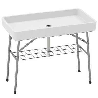 Outsunny 3.4ft Folding Ice Cooler Table with Drain, Fill and Chill Table with Storage Shelf, Drink Cooler for Parties Picnic BBQ Camping Wedding White