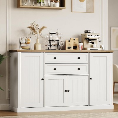 58 Inch Sideboard Buffet Cabinet with Storage, Farmhouse Large Buffet Table with 2 Drawers and 4 Grooved Barn Doors, for Dining Room