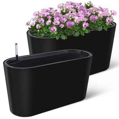 Tall Oval Planter Box with Wheels, Modern Flower Pots with Water Level & Removable Insert Bucket for Outdoor Patio, Garden, Window