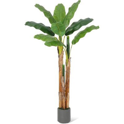 Artificial Banana Tree, Faux Banana Leaf Plant with Grey Planter, Silk Leaves, Indoor/Outdoor Tropical Decor for Home, Patio, Poolside