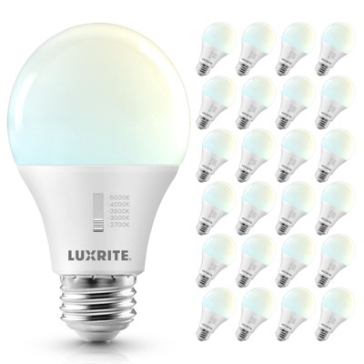 Luxrite A19 LED Light Bulb 60 Watt Equivalent, CRI90, 5CCT Selectable, Dimmable, 800LM, 9W, Title CA20, ETL Listed, E26 Medium Base 24 Pack