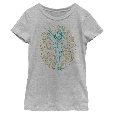 Girl's Peter Pan Halloween Tinkerbell Line Art Green T-Shirt