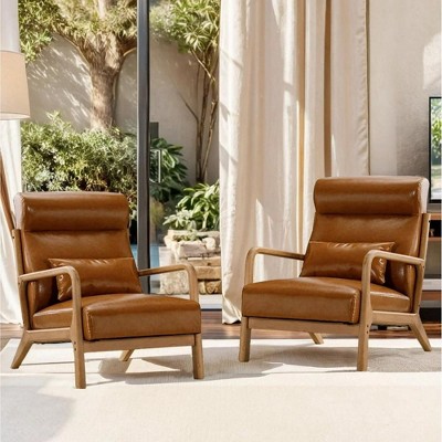 Bestier Mid-Century Accent Chair Set of 2 with Wood Frame, PU Leather Living Room Chair with Pillow & Waist Cushion, Reading Armchair for Bedroom