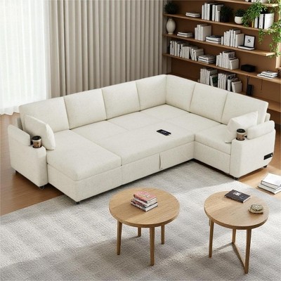 Merax Versatile U-Shaped Sectional Sofa with Pull-Out Bed, Storage Compartments, Built-in Power Sockets & Cup Holders