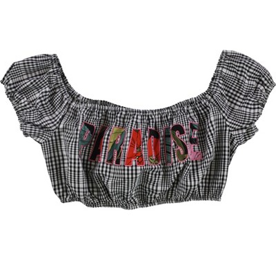 GUESS Womens Checkered Strapless Crop Top Blouse