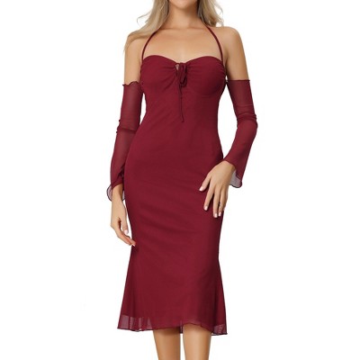Allegra K Women's Mesh Sleeves Mermaid Hem Off Shoulder Bodycon Dress
