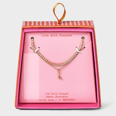 14K Gold Dipped Cubic Zirconia Initial Necklace Set 2pc - A New Day™ Gold