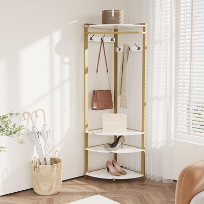 Corner Coat Rack With Shoe Bench for Entryway - Hall Tree With 6 Double Hooks, Clothes Rack With Storage, Organizer Shelf for Hallway, Closet
