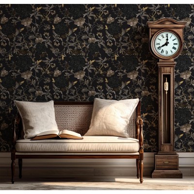 ZACHVO Black and Gold Gothic Floral Peel and Stick Wallpaper