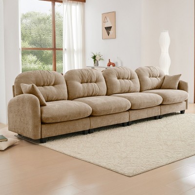 Modern Camel Chenille Sectional Sofa with Tufted Pleated Backrest, Comfy 4-Seater Sectional Couch for Living Room or Apartment – The Pop Home