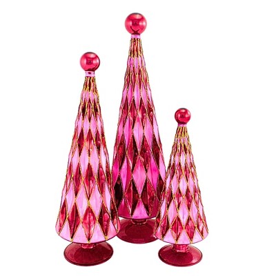 Cody Foster 14.5 Inch Diamond Trees Burgundy Pink Christmas Decorative Tree Set , Christmas Decor Mid Century Style Reflective (3PC)