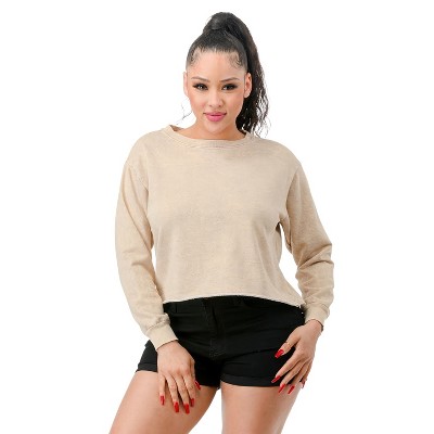 Slickblue Women's Washed French Terry Cropped Sweatshirt - Long Sleeve Pullover, Mineral Wash, Red/Sand, Size S-L