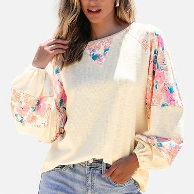 Amaryllis Women's Textured Knit Top Boho Balloon Sleeve Contrast Floral Patchwork Lightweight Pullover