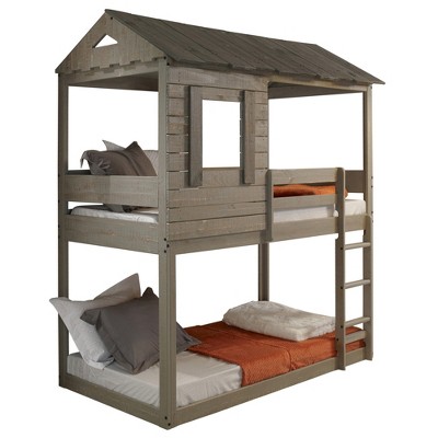 INFURNIC Beds, Bunk Bed Twin Over Twin with Roof, Windows, Ladder and Safety Guardrail, Country Style Bunk Bed for Kids, Gray, 77.5"*43.5"*90.5"