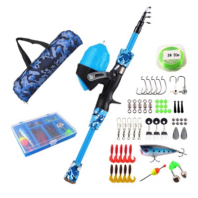iMountek "Kids Fishing Pole Set with Telescopic Rod, Spincast Reel, Tackle Box & 56 Lures for Boys & Girls" Blue 1.5M Length